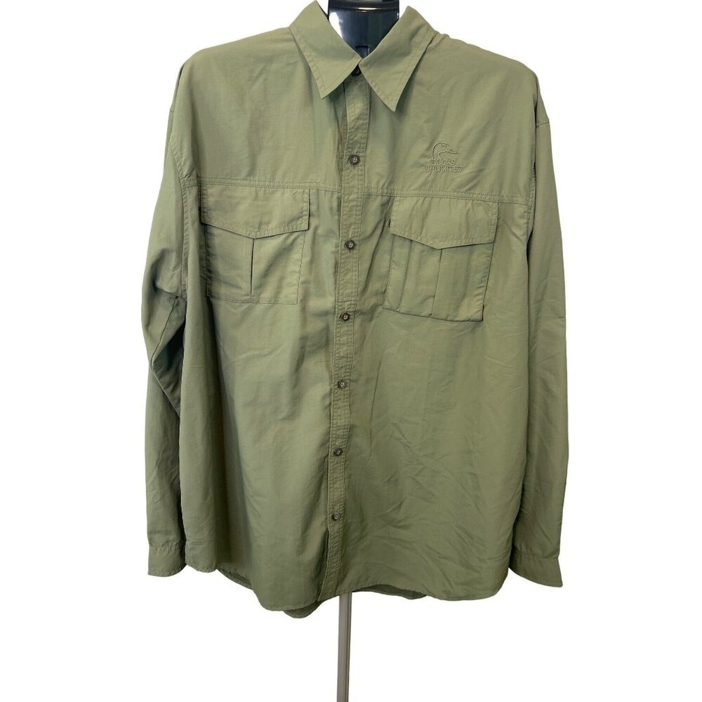 Ducks Unlimited Olive Green Fishing Shirt‎ Mens XL Long Sleeve Button Utility